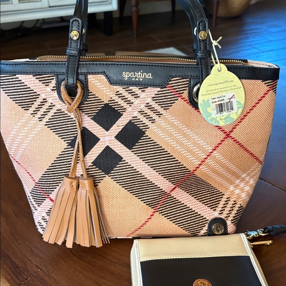NWT Spartina 449 Telfair Island Tote Wallet Set Plaid Canvas Tassel Bag Coastal - Picture 2 of 11